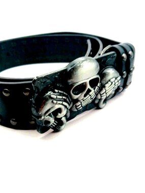 Skull Black Studded Vegan Leather Belt Waist Size 28 To 34 New